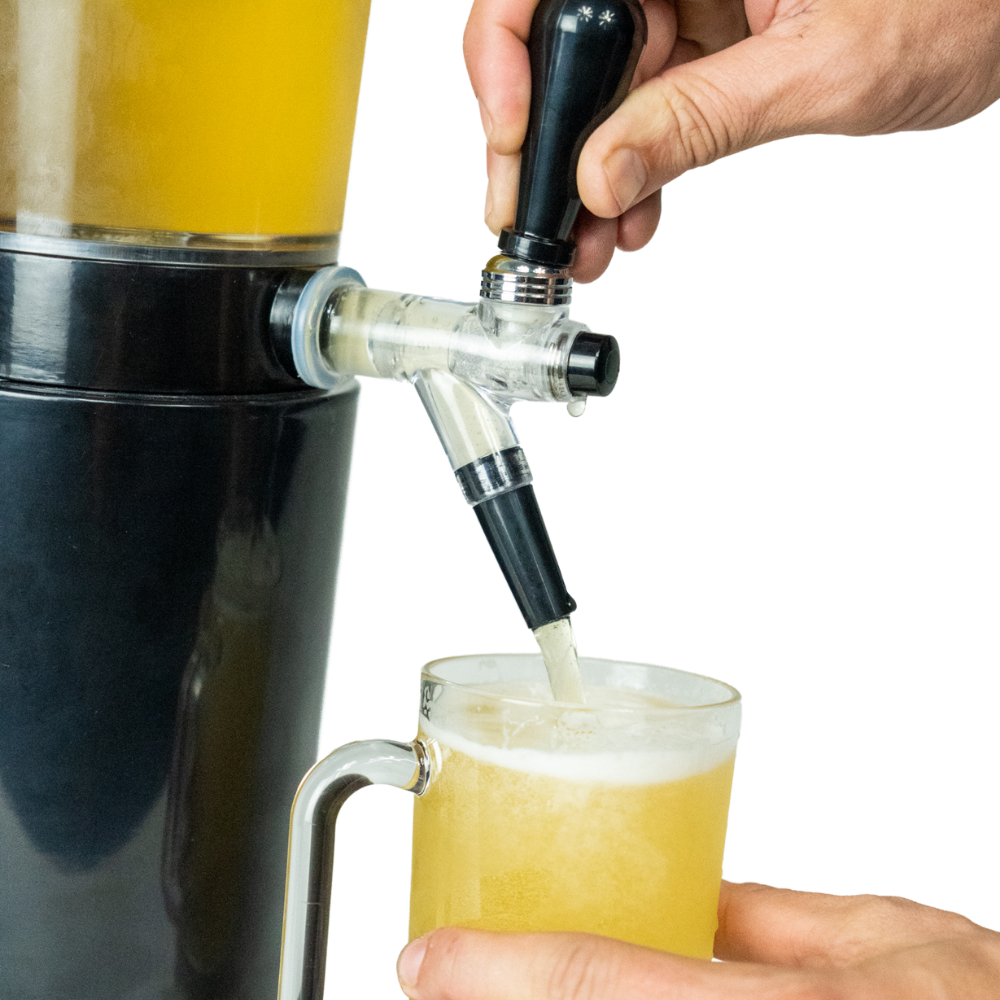 
                  
                    a close up of someone pouring a beer from the booze towers beer tower
                  
                
