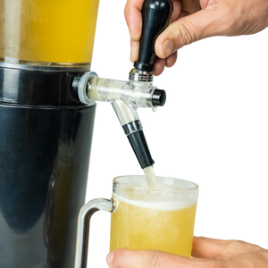 
                  
                    a close up of someone pouring a beer from the booze towers beer tower
                  
                