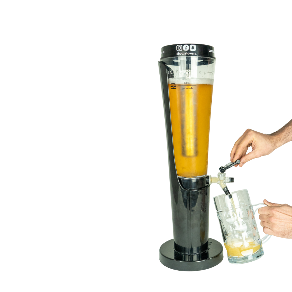 
                  
                    A beer being poured into a beer mug by a booze towers beer tower
                  
                