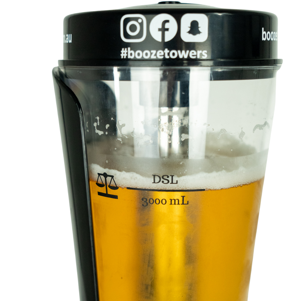 
                  
                    The top of the booze towers beer tower, showing social media favicons and the #boozetowers
                  
                
